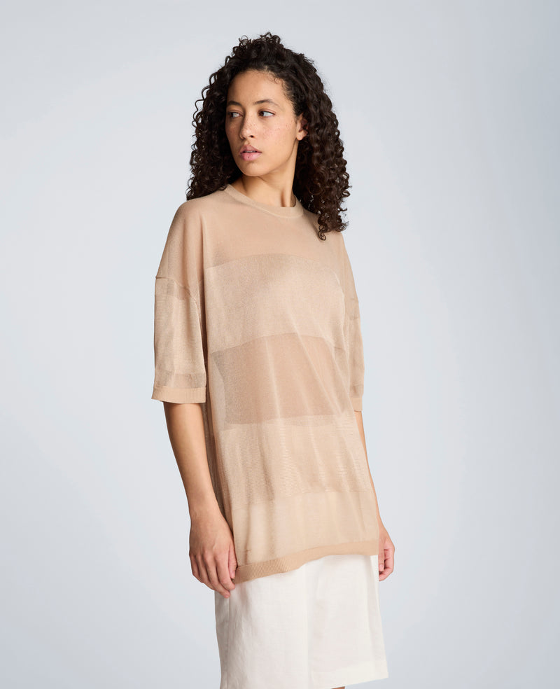 Kenneth Cole - Shiny Semi Sheer Stripe Crew Neck WOMENS SWEATER for Women