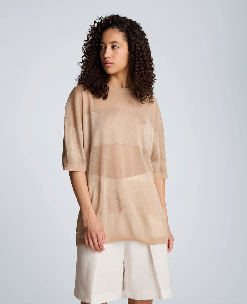 Kenneth Cole - Shiny Semi Sheer Stripe Crew Neck WOMENS SWEATER for Women