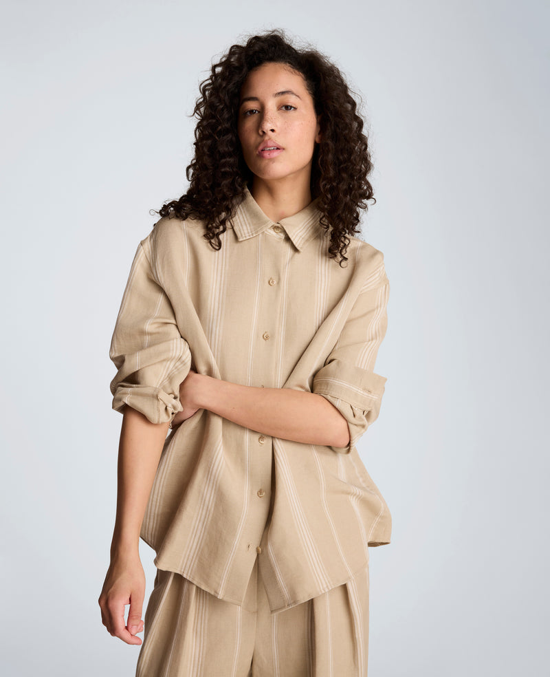 Kenneth Cole - Striped Drop Shoulder Button Front Boyfriend Linen Shirt WOMENS SHIRTS for Women