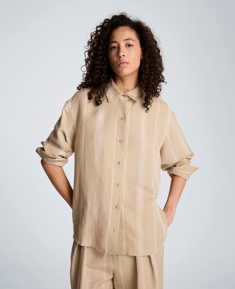 Kenneth Cole - Striped Drop Shoulder Button Front Boyfriend Linen Shirt WOMENS SHIRTS for Women