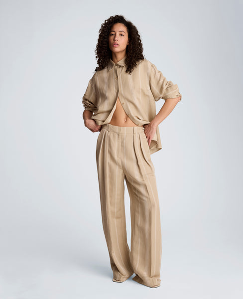 【ベージュ（27）】Wide Pant Striped Linen Blend High Rise Fly Front Double Pleat Wide Leg Pant