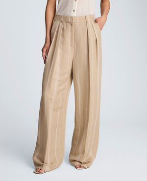 Striped Linen Blend High Rise Fly Front Double Pleat Wide Leg Pant