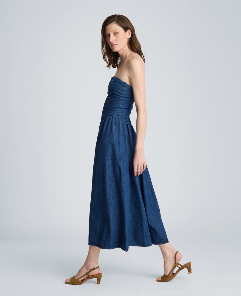 long denim dress strapless Side Pockets Maxi captivating design Kenneth Cole | Bustier Strapless
