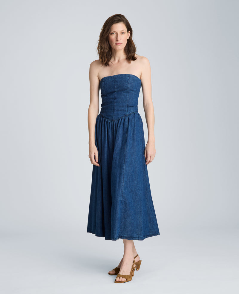 strapless denim dress Bustier Strapless Denim Dress