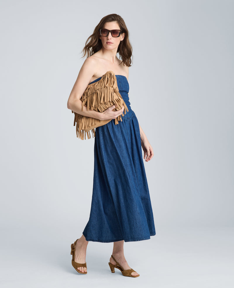 denim ruffle dress strapless Strapless Belted Tiered-Ruffle Denim Mini Dress BOUGIE GLITTER