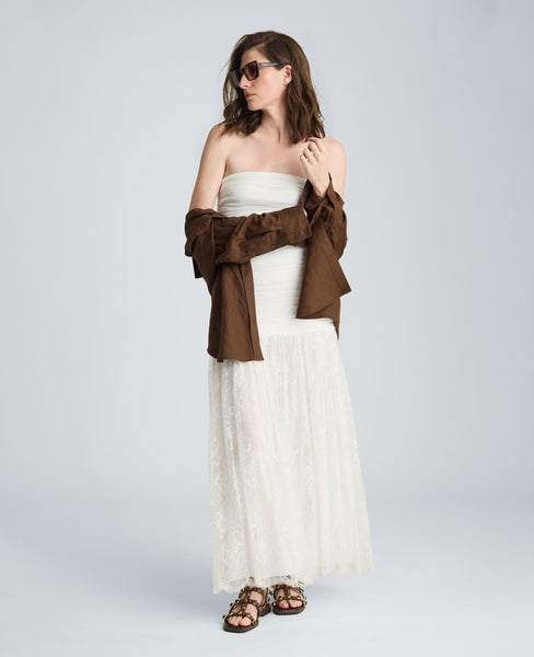 white strapless bodycon ruched mesh maxi dress Jianna Strapless Mesh Maxi Dress / Ivory | MESHKI
