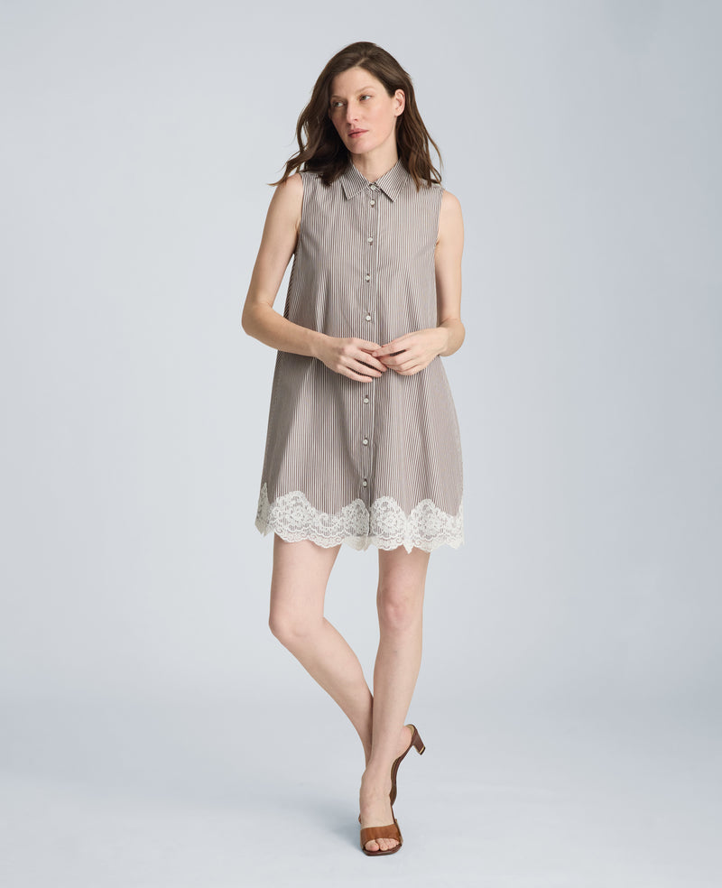Kenneth Cole Women's Sleeveless Lace Trim Striped Shirtdress, White, 12, Cotton Kenneth Cole Women's Sleeveless Lace Trim Striped Shirtdress, White, 12, Cotton