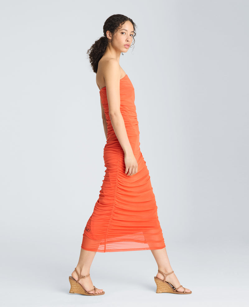 ae strapless ruched poplin midi dress Strapless Ruched Midi Dress