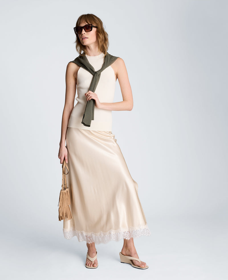 Kenneth Cole - Pull On Midi Skirt with Side Slit & Lace Trim WOMENS SKIRTS for Women