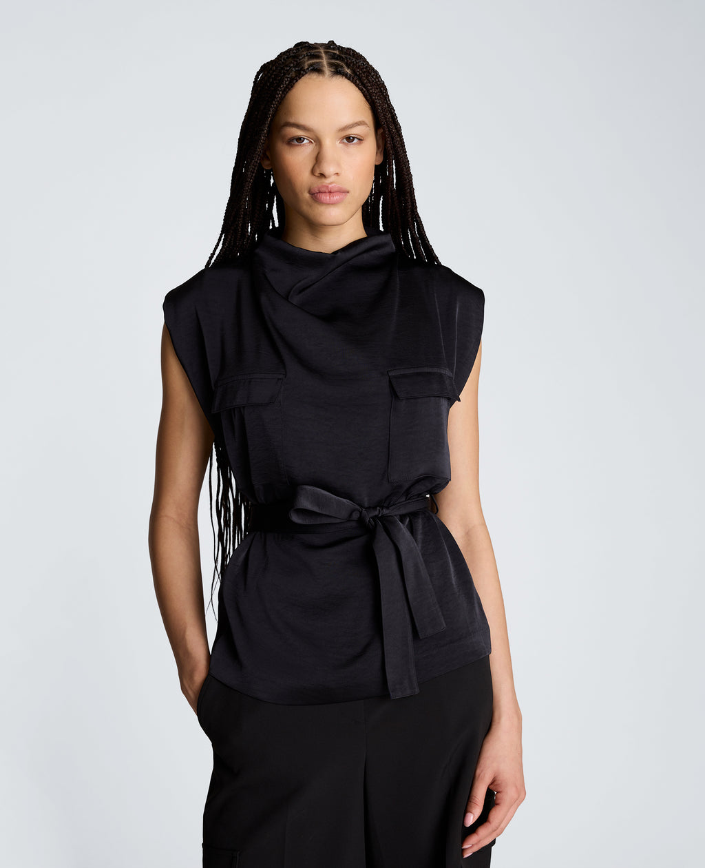 Kenneth Cole - High Cowl Neck Belted Blouse with Chest Pockets WOMENS TOPS for Women 