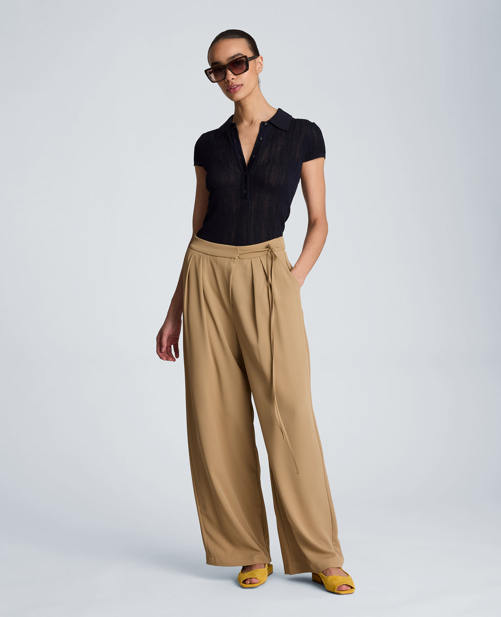 High Rise Fly Front Wide Leg Asymmetrical Double Pleat Pant