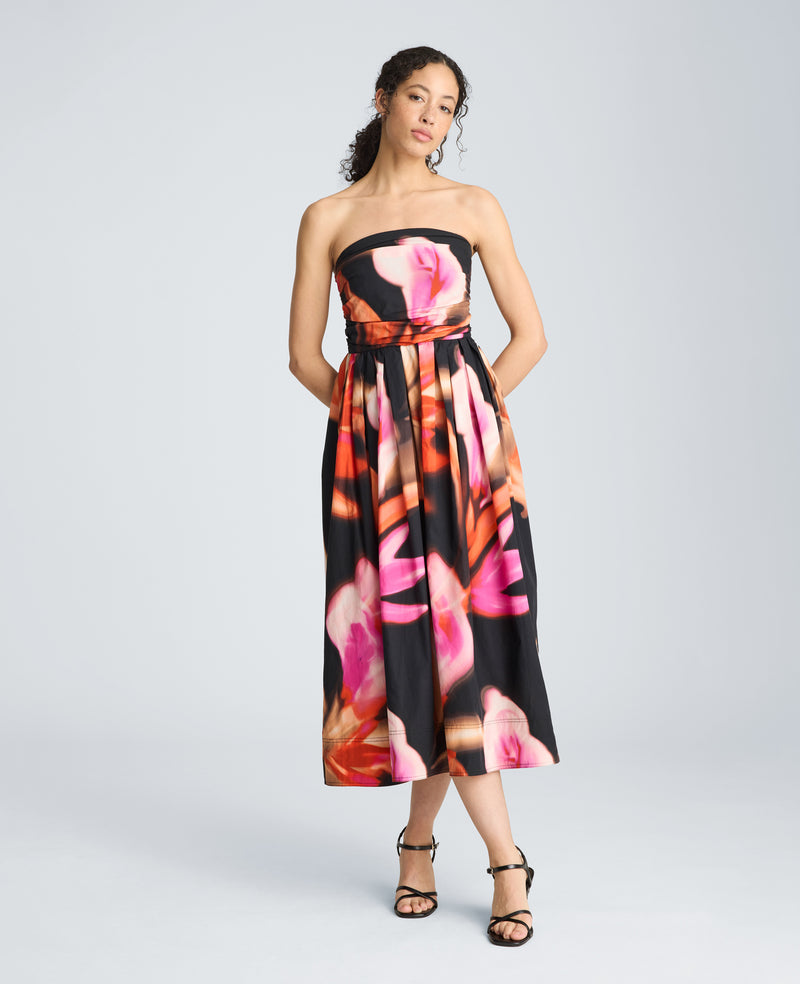 ruched strapless dress Moon River Tide Lines Midi | Wild Dove Boutique spring or summer galas Ruched Strapless Midi Dress