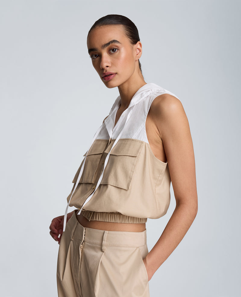 Kenneth Cole - Hooded Sleeveless Button Front Top with Bubble Body WOMENS TOPS for Women