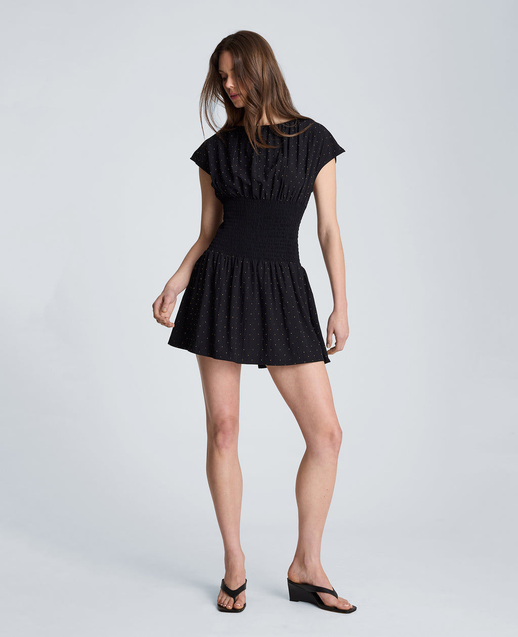 smocked drop waist mini dress Seaquelle Swim Eddy Smocked Cotton Drop-Waist Mini Dress in Black Size Medium