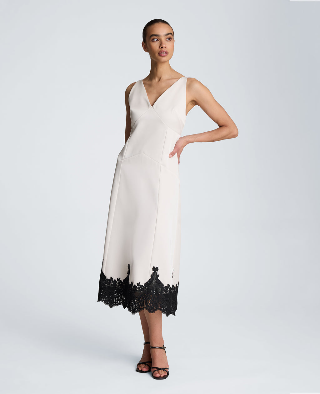 Seamed Slip Midi Dress with Lace Hem