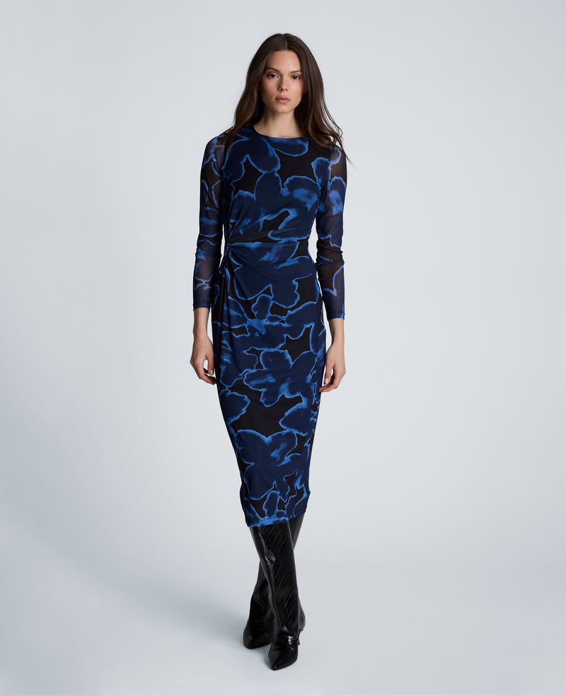 Knot Front Long Sleeve Mesh Midi Dress