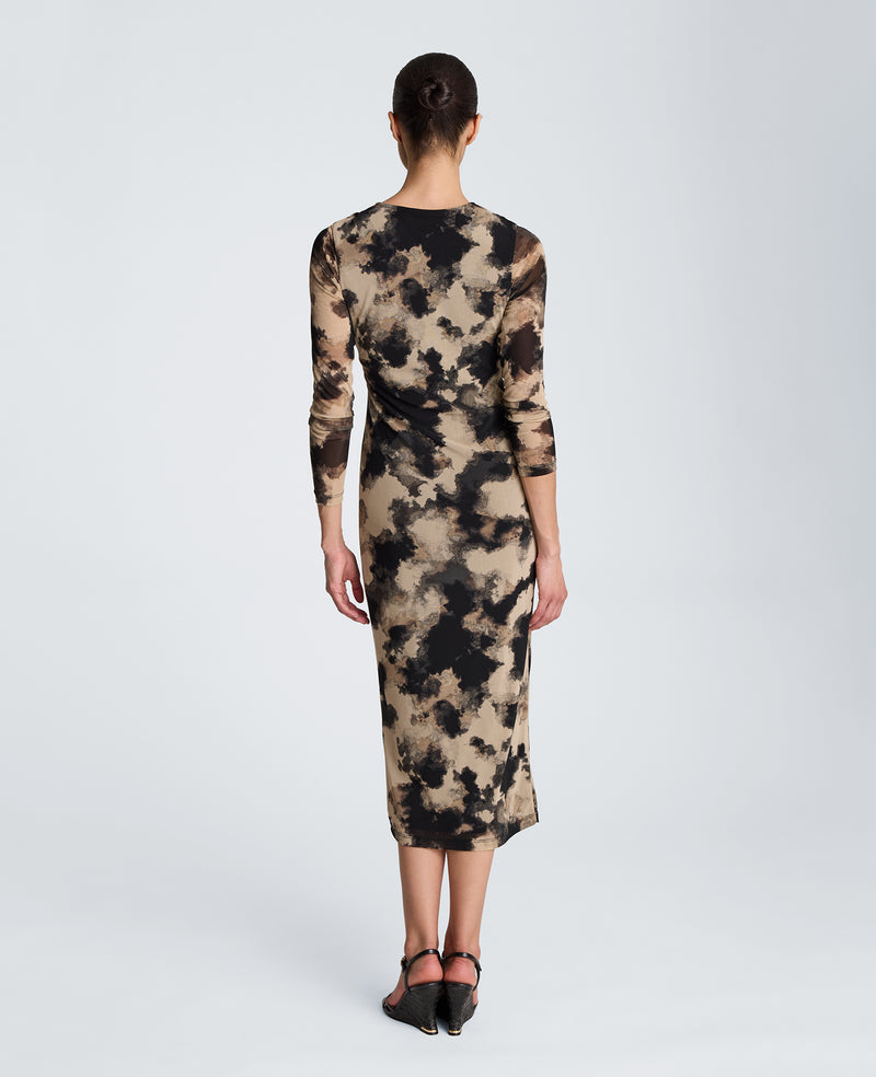 Knot Front Long Sleeve Mesh Midi Dress