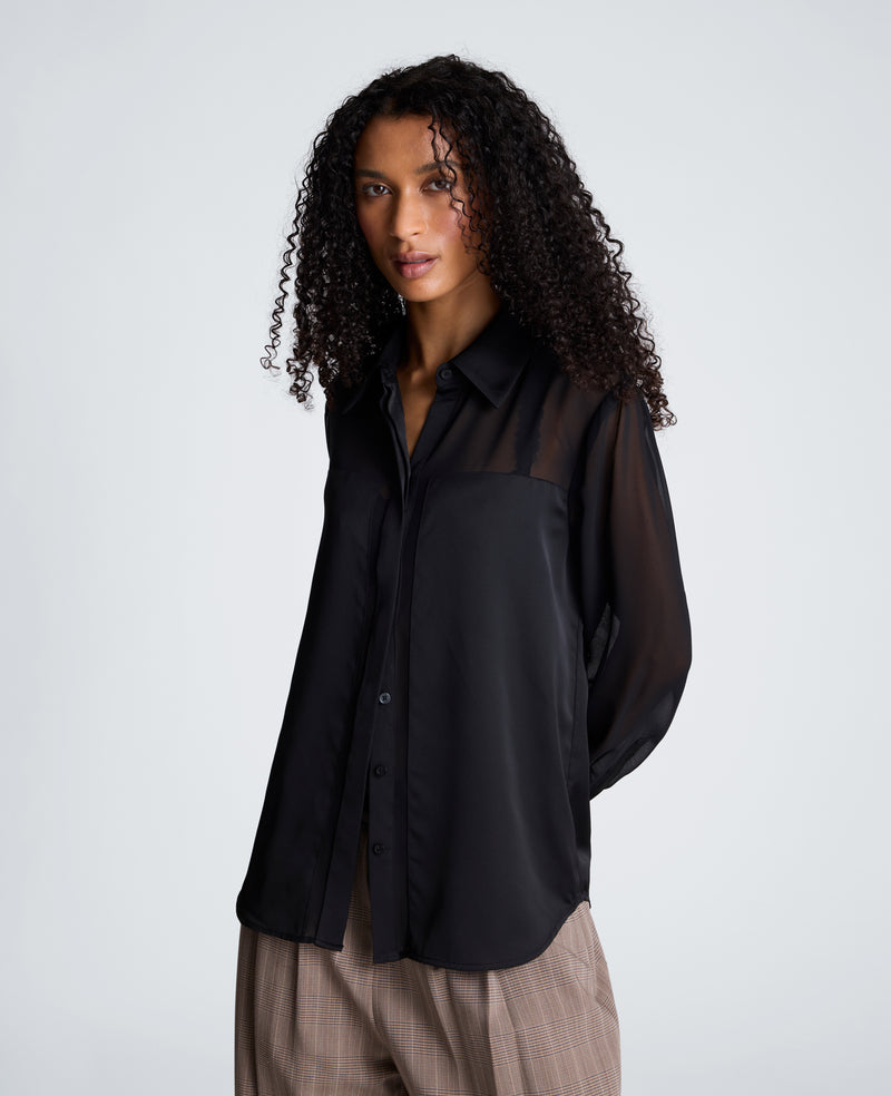 Kenneth Cole - Long Sleeve Button Front Shirt with Sheer Sleeves WOMENS SHIRTS for Women