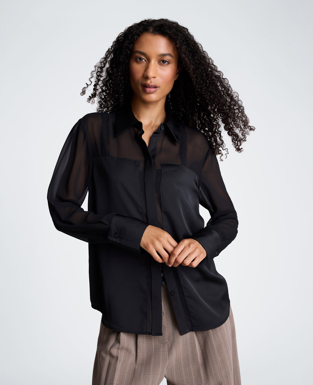 Kenneth Cole - Long Sleeve Button Front Shirt with Sheer Sleeves WOMENS SHIRTS for Women 