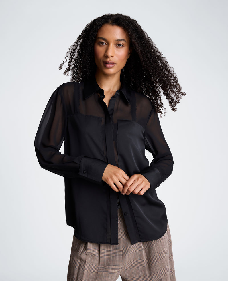 Kenneth Cole - Long Sleeve Button Front Shirt with Sheer Sleeves WOMENS SHIRTS for Women