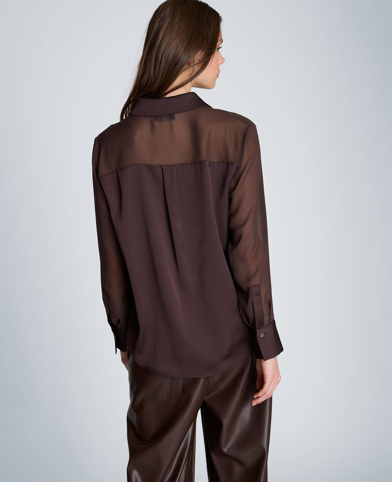 Kenneth Cole - Long Sleeve Button Front Shirt with Sheer Yoke & Sleeves WOMENS TOPS for Women