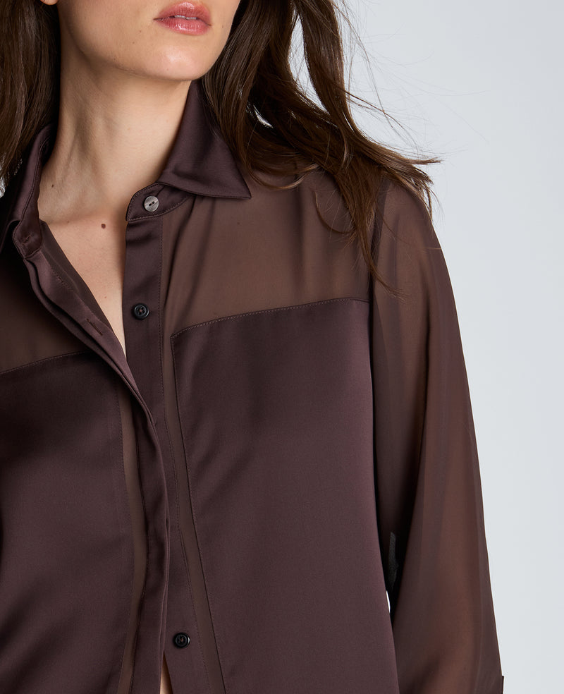Kenneth Cole - Long Sleeve Button Front Shirt with Sheer Yoke & Sleeves WOMENS TOPS for Women