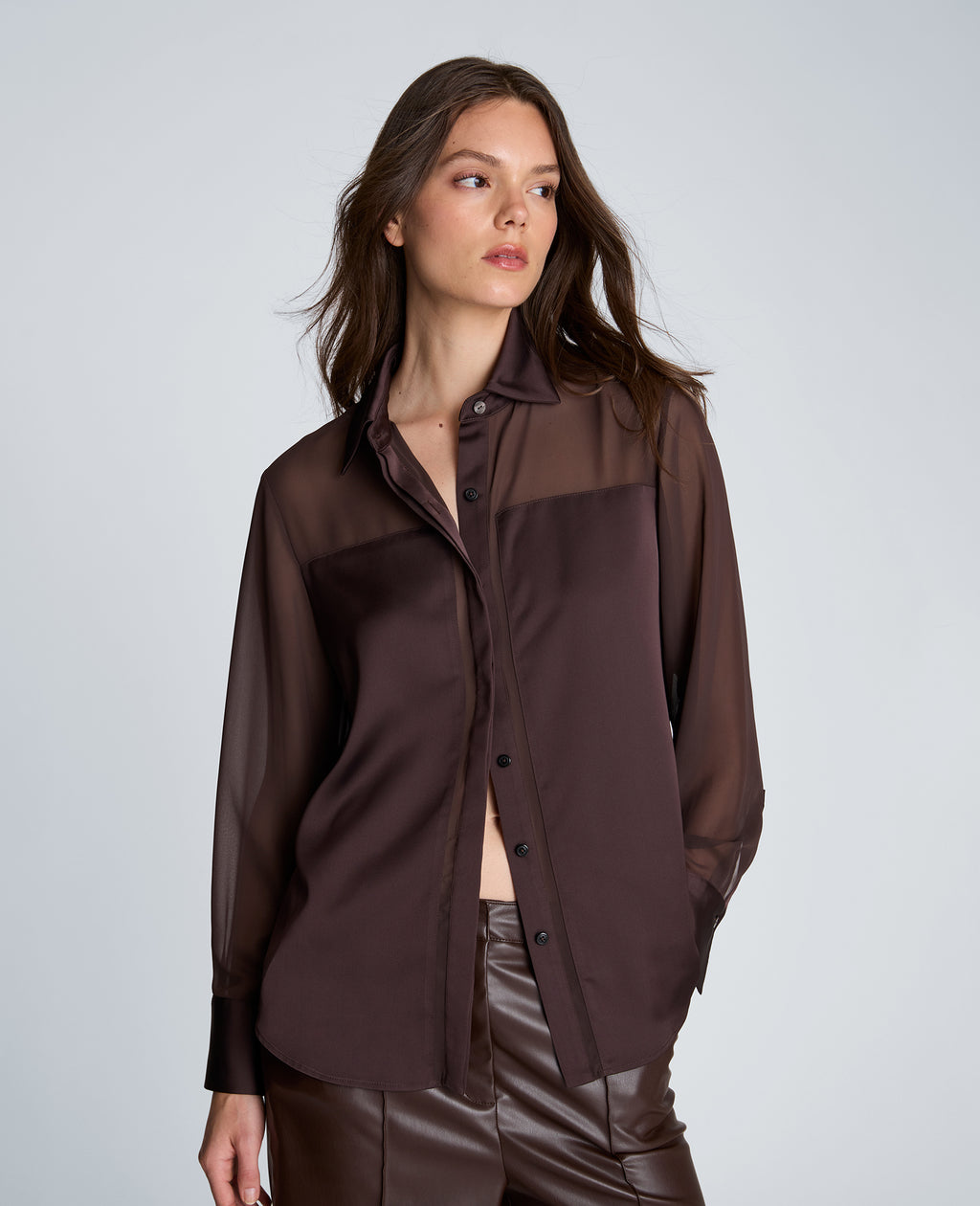 Kenneth Cole - Long Sleeve Button Front Shirt with Sheer Yoke & Sleeves WOMENS TOPS for Women 
