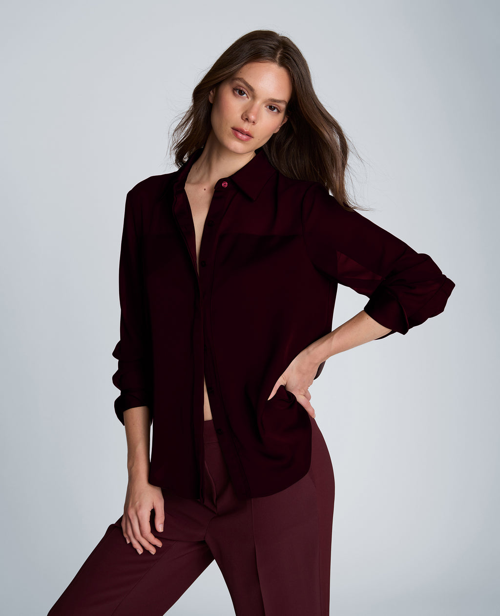 Kenneth Cole - Long Sleeve Button Front Shirt with Sheer Yoke & Sleeves WOMENS TOPS for Women 