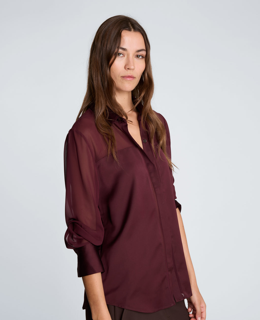 Kenneth Cole - Long Sleeve Button Front Shirt with Sheer Yoke & Sleeves WOMENS TOPS for Women 
