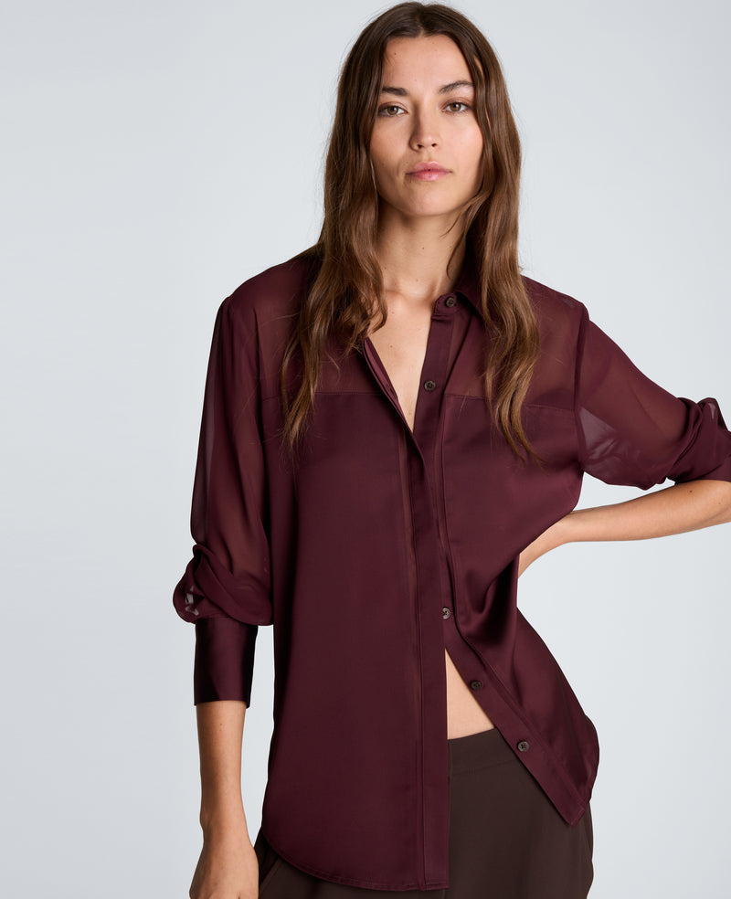Kenneth Cole - Long Sleeve Button Front Shirt with Sheer Yoke & Sleeves WOMENS TOPS for Women
