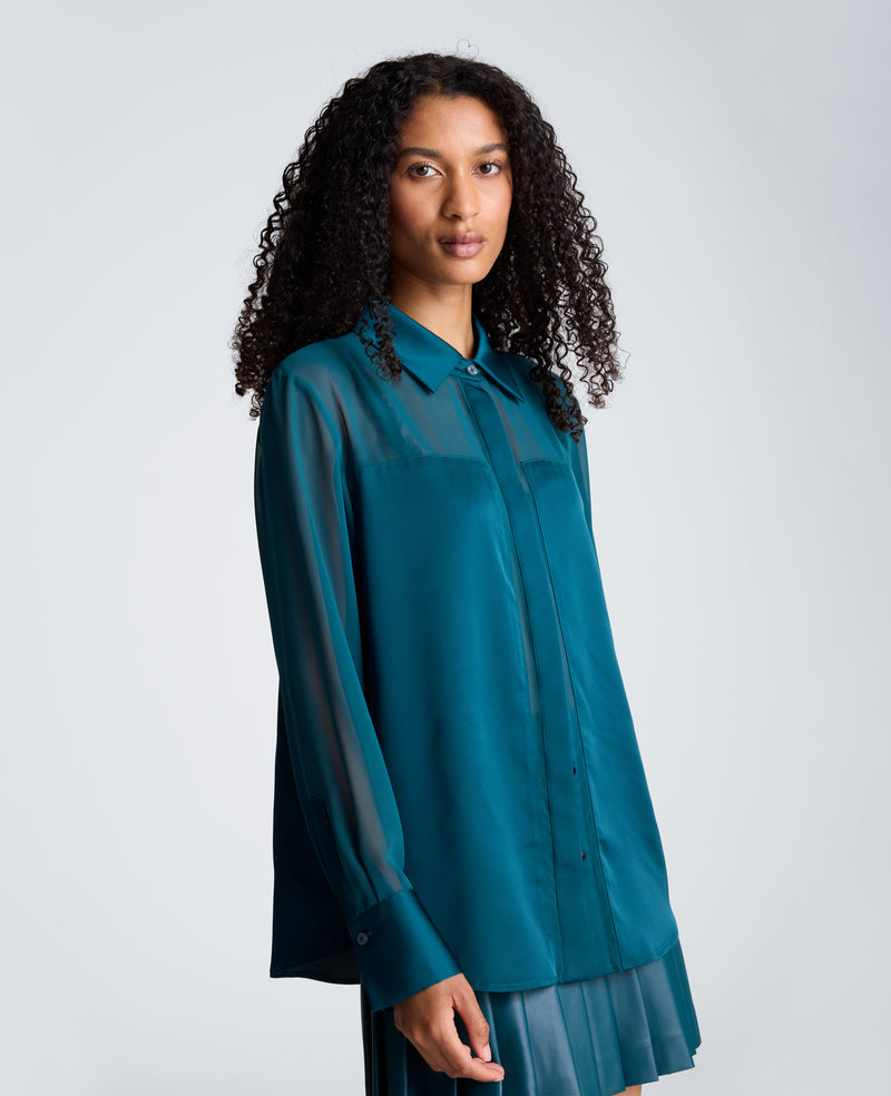 Kenneth Cole - Long Sleeve Button Front Shirt with Sheer Sleeves WOMENS SHIRTS for Women