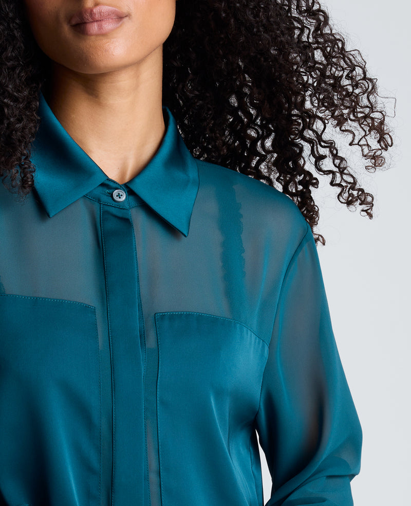 Kenneth Cole - Long Sleeve Button Front Shirt with Sheer Sleeves WOMENS SHIRTS for Women