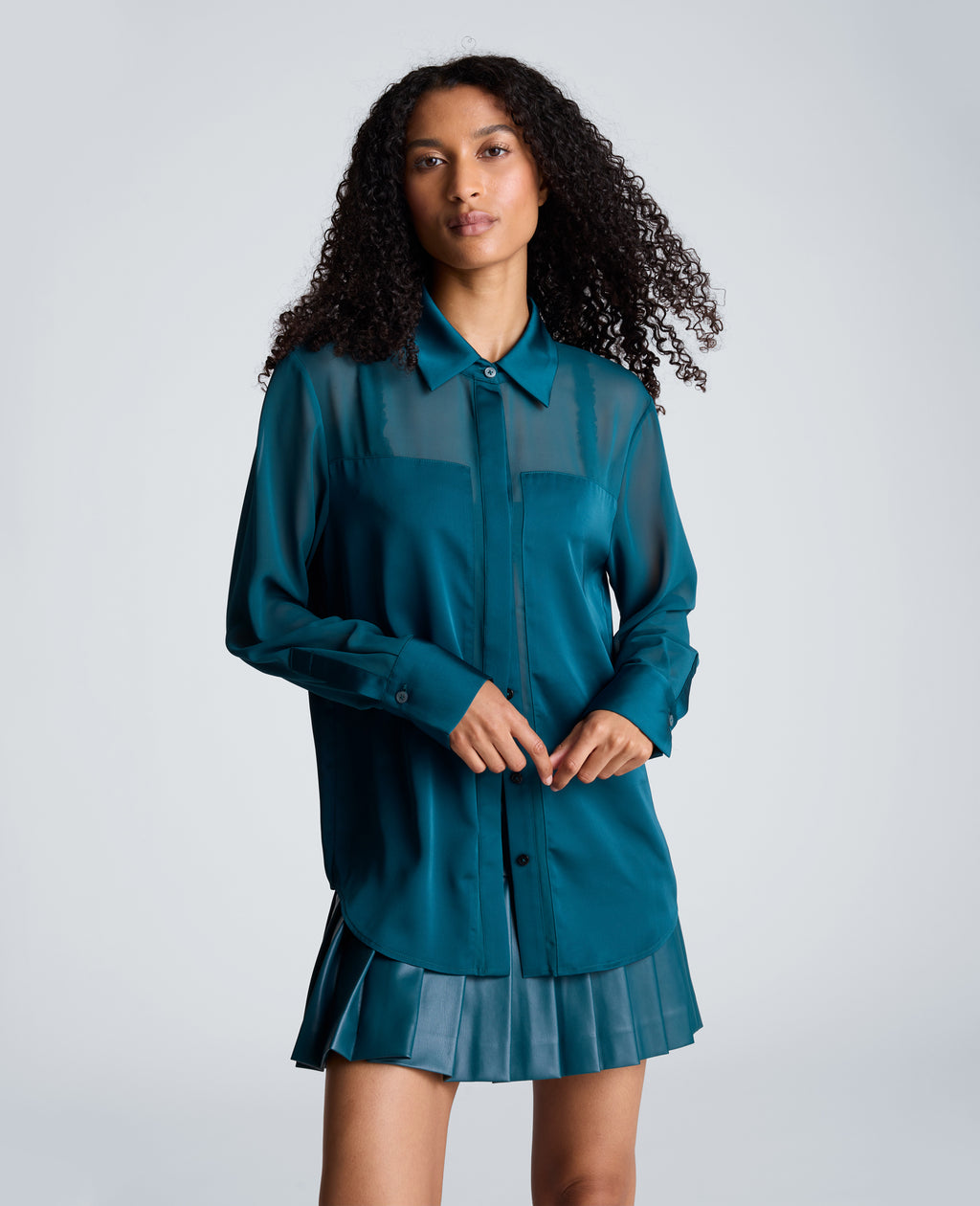 Kenneth Cole - Long Sleeve Button Front Shirt with Sheer Sleeves WOMENS SHIRTS for Women 