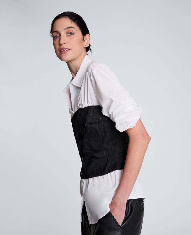 Kenneth Cole - Poplin Long Sleeve Shirt with Pleated Bustier WOMENS SHIRTS for Women