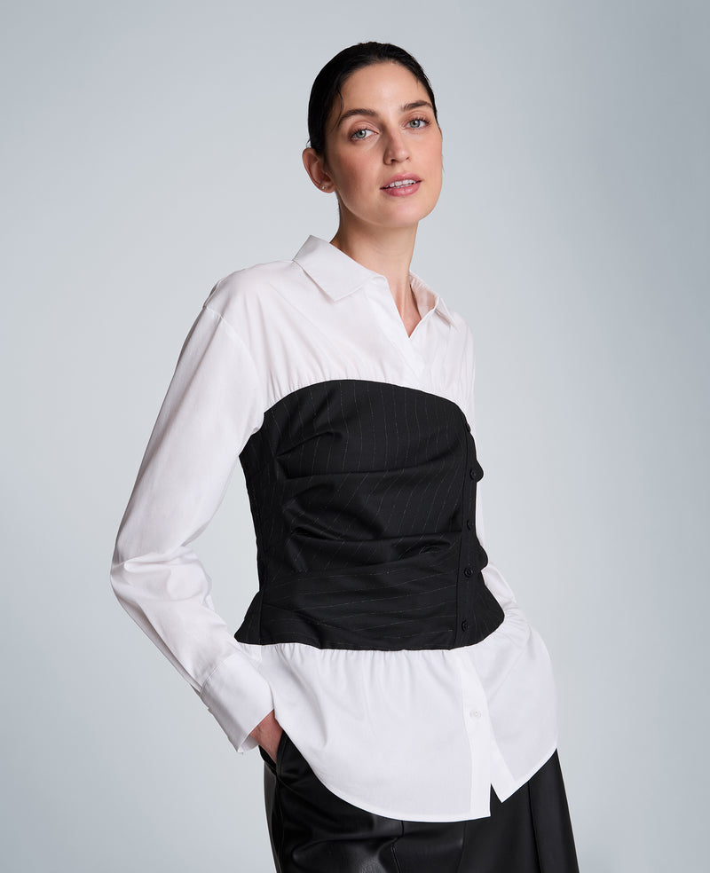 Kenneth Cole - Poplin Long Sleeve Shirt with Pleated Bustier WOMENS SHIRTS for Women