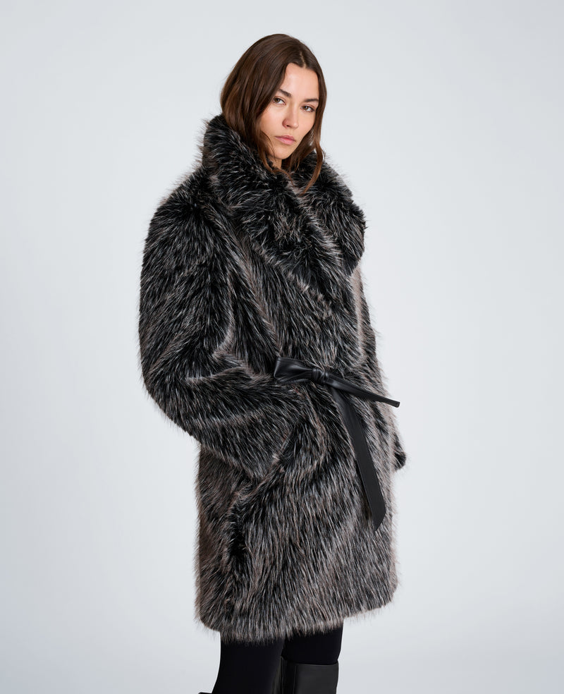 Kenneth Cole - Midi Fur Jacket with Contrast Belt WOMENS JACKET for Women