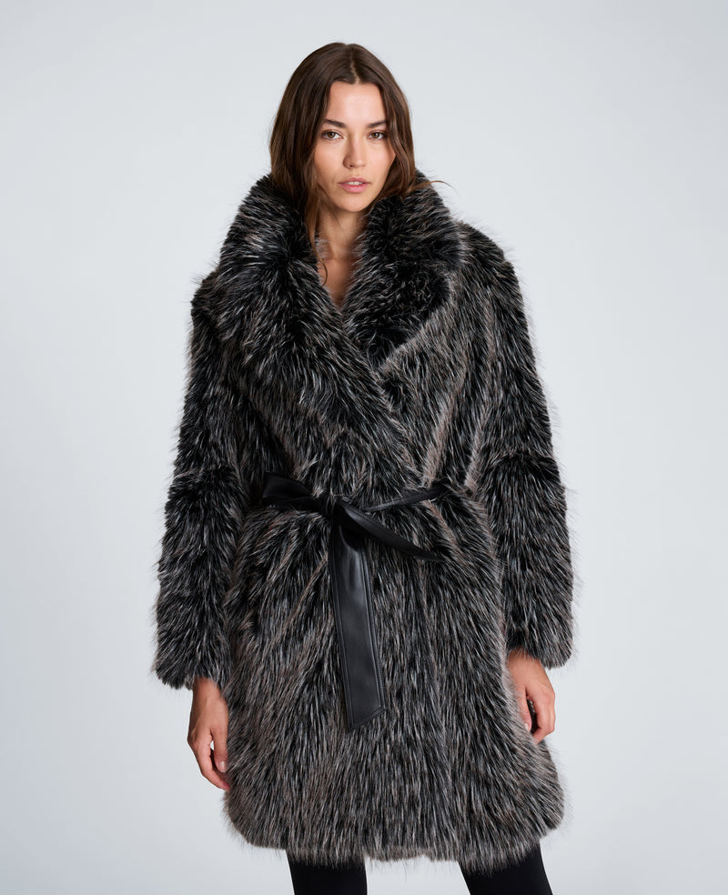 Kenneth Cole - Midi Fur Jacket with Contrast Belt WOMENS JACKET for Women