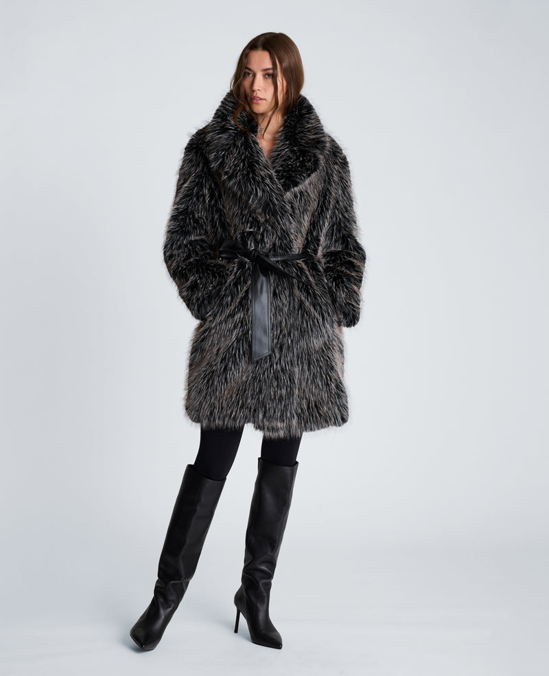 Kenneth Cole - Midi Fur Jacket with Contrast Belt WOMENS JACKET for Women
