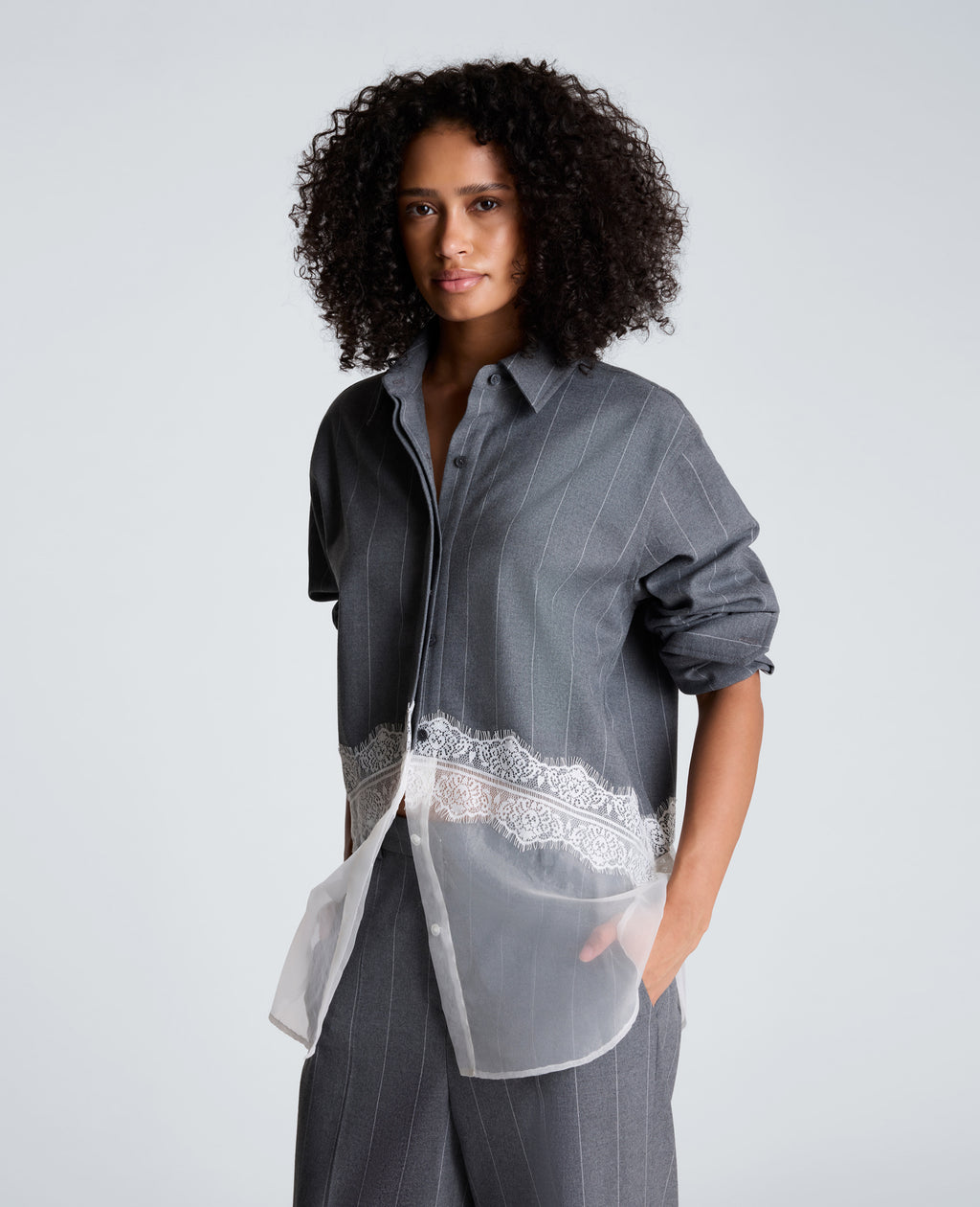 Kenneth Cole - Button Front Oversized Paneled Shirt with Lace WOMENS TOPS for Women 