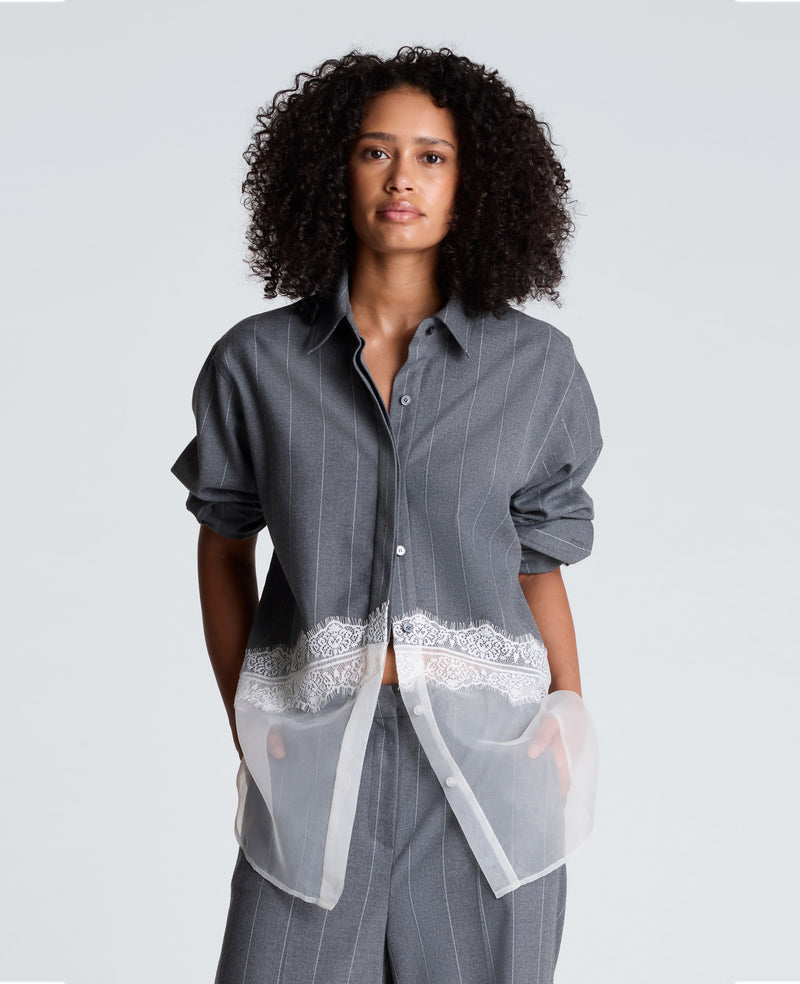 Kenneth Cole - Button Front Oversized Paneled Shirt with Lace WOMENS TOPS for Women