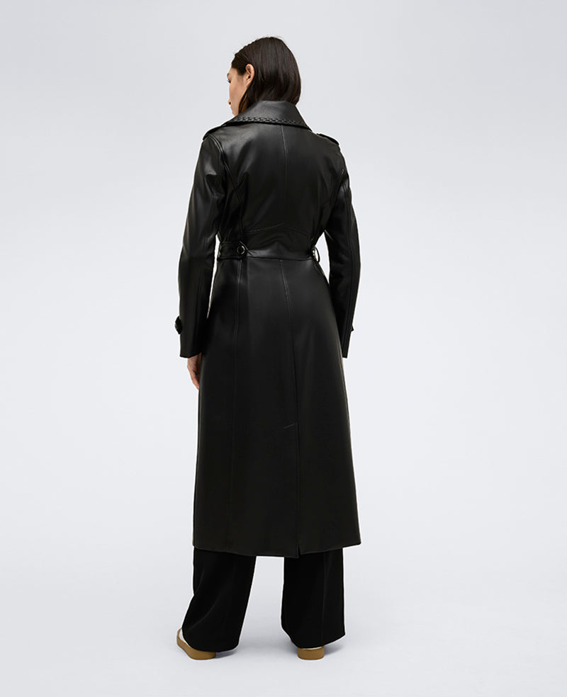 Tan Faux Leather Belted Midi Trench Coat