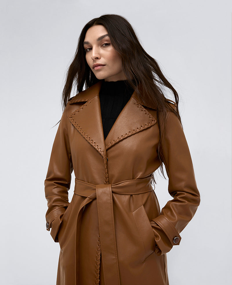 leather dress coat women Camel plong leather trench coat