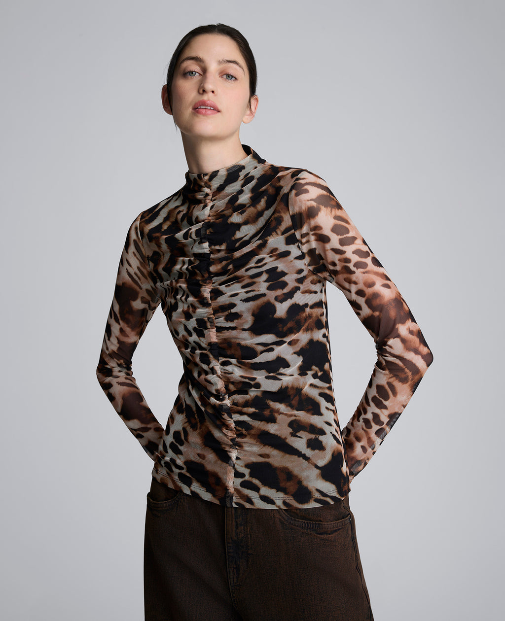 Kenneth Cole - Long Sleeve Animal Printed Center Front Turtleneck Knit Ruched Top WOMENS KNITS for Women 