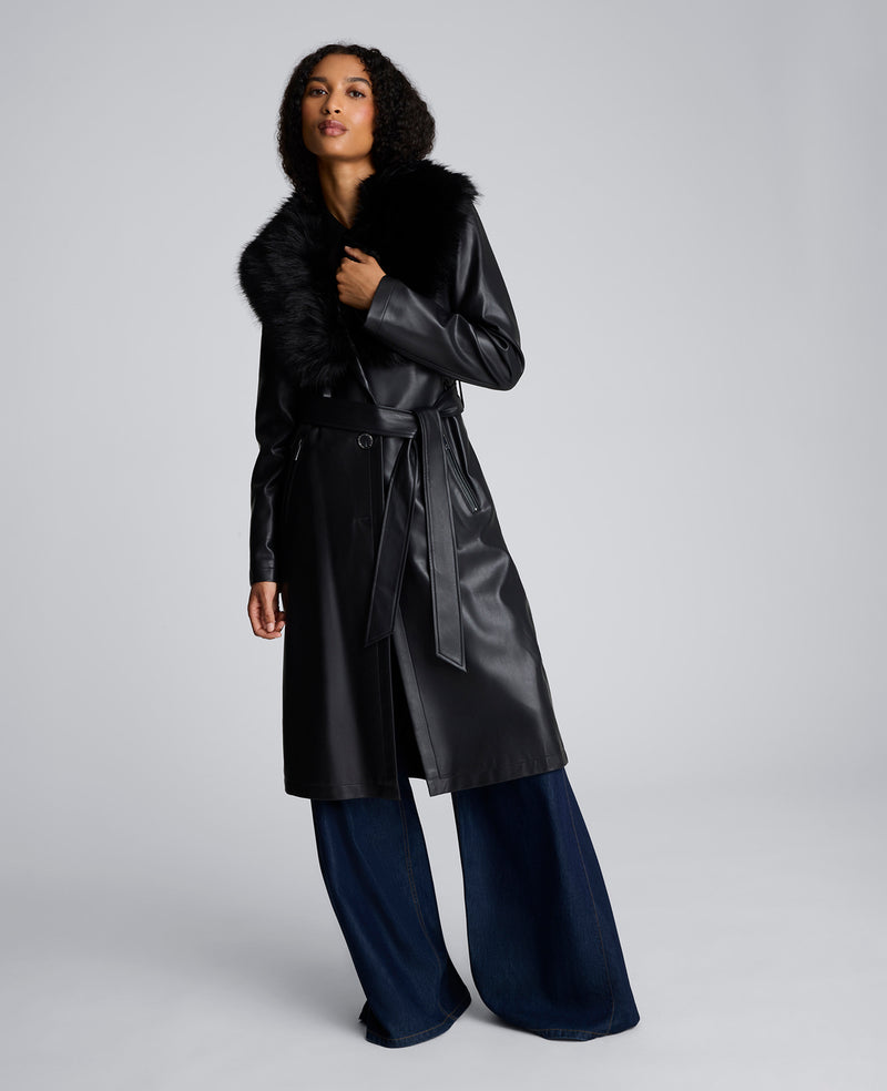 Belted Faux Leather Trench Coat with Faux Fur Collar