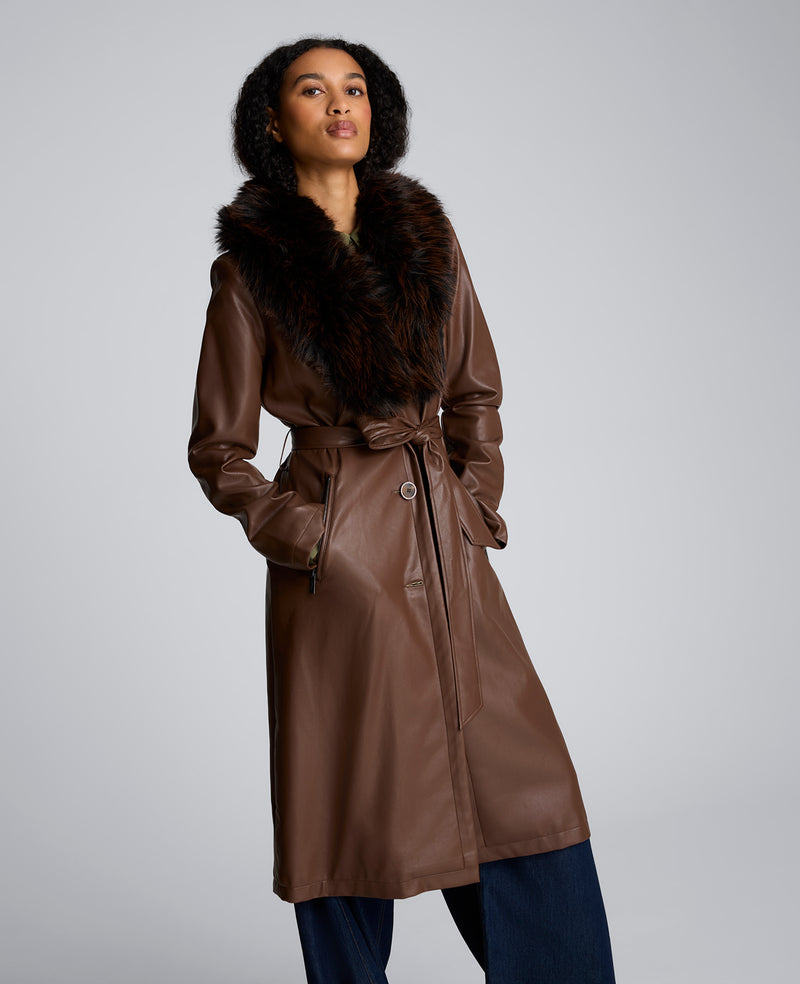 Belted Faux Leather Trench Coat with Faux Fur Collar