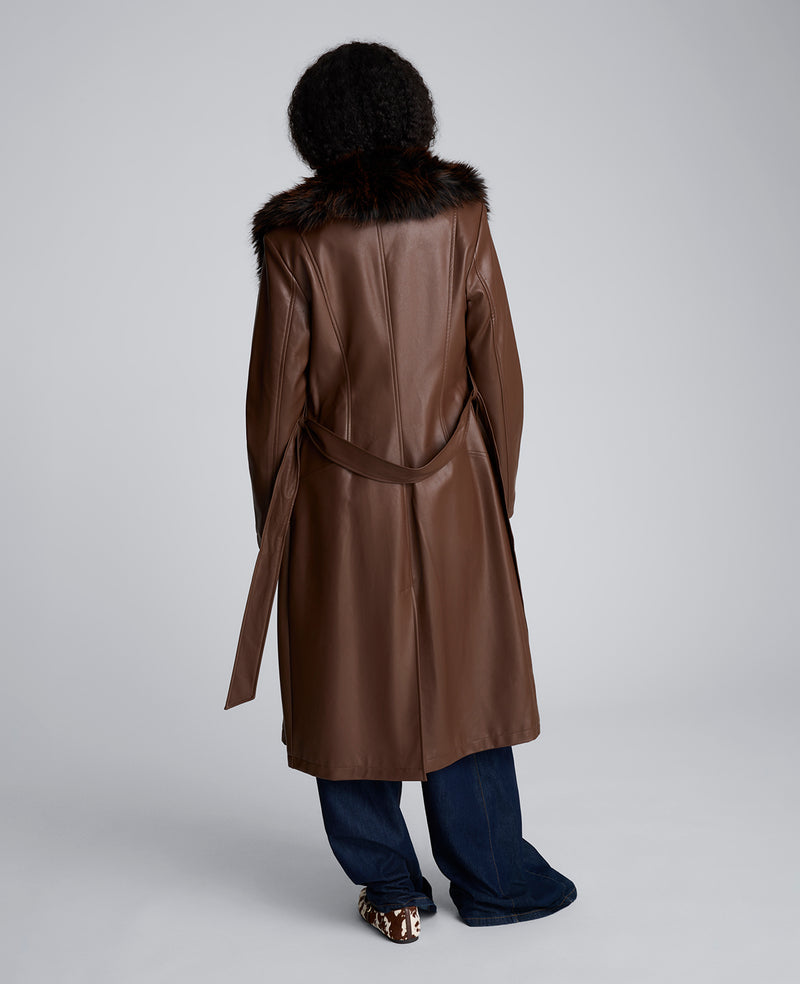 Belted Faux Leather Trench Coat with Faux Fur Collar