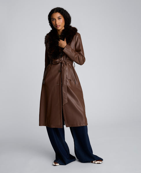 Belted Faux Leather Trench Coat with Faux Fur Collar