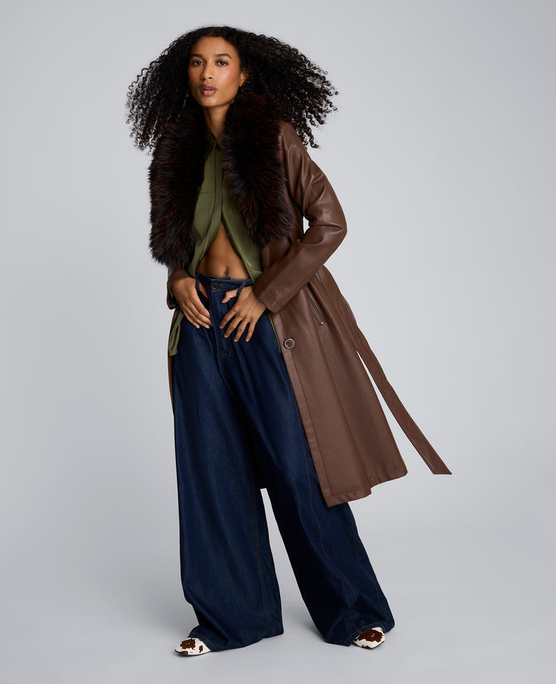 Belted Faux Leather Trench Coat with Faux Fur Collar