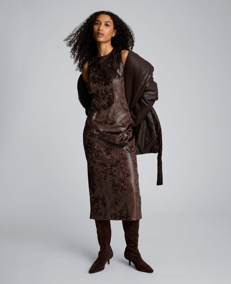 Snake Skin Textured Velvet Crew Neck Sheath Midi Dress Snake Skin Textured Velvet Crew Neck Sheath Midi Dress