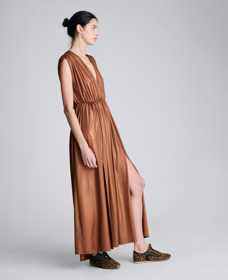 Metallic Knit Deep V-Neck Gathered Maxi Dress Metallic Knit Deep V-Neck Gathered Maxi Dress